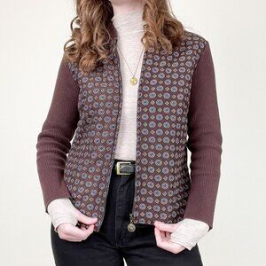 Vintage Quilted Floral Print Jacket Coat Knit Cardigan Sweater Preppy 90s Y2K